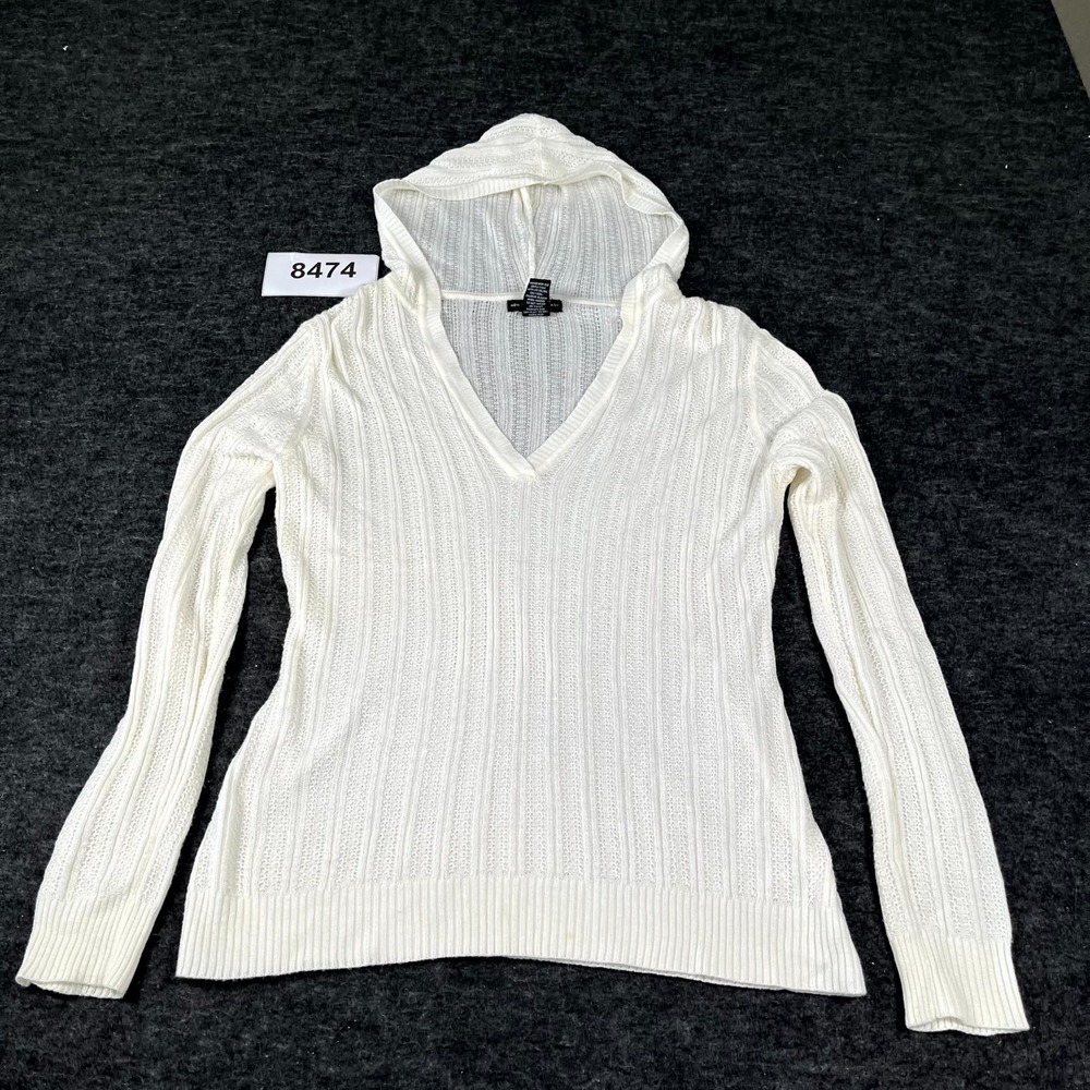 New York & Company Sweater Womens Small White Open Knit Acrylic Hooded Outdoor